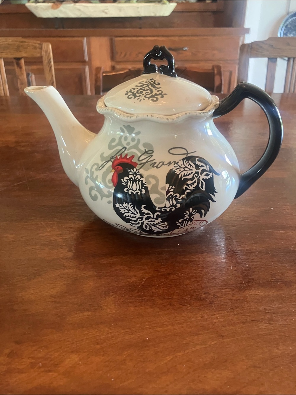 Rooster Ceramic Teapot in White and Black with Red Accent by Jennifer Brimley